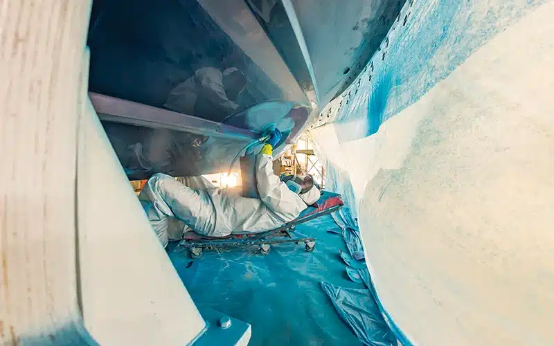 Valhalla Boatworks technician working underneath a boat hull, applying finishing touches during the manufacturing process