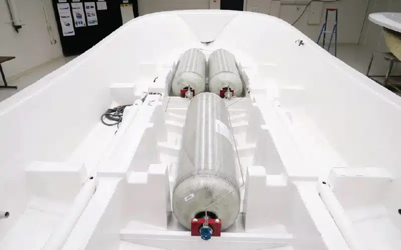 Prototype hydrogen fuel tanks installed in a Regulator Marine center console for Yamaha's hydrogen-powered outboard project