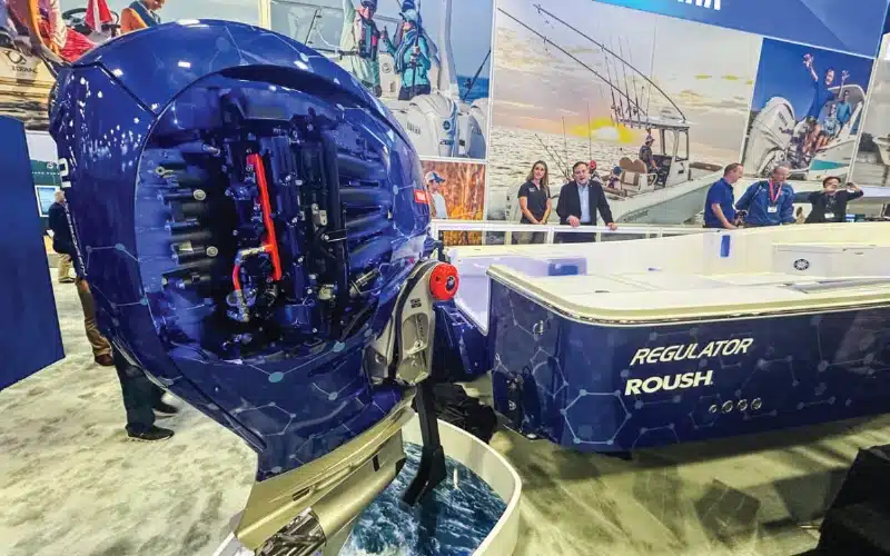 Yamaha hydrogen-powered outboard engine on display at the Miami International Boat Show, in collaboration with Regulator Marine and Roush