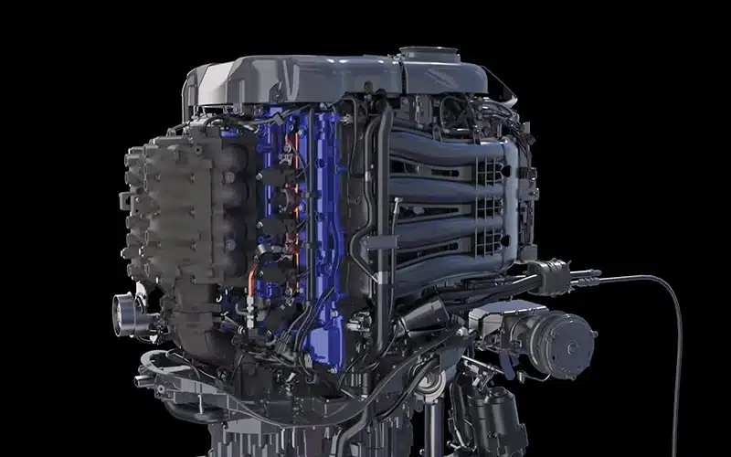 Detailed view of Yamaha's hydrogen-powered outboard engine with internal components visible