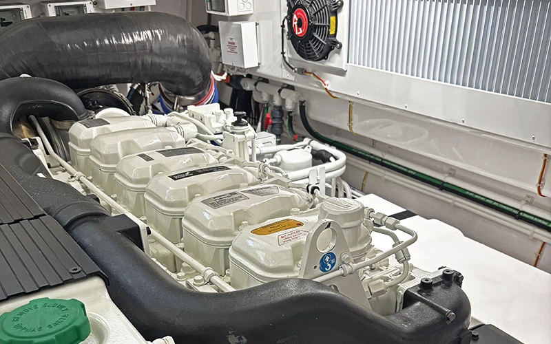 Close-up of the Scania engine setup in the Viking 46 Billfish, emphasizing the advanced engineering and power capabilities